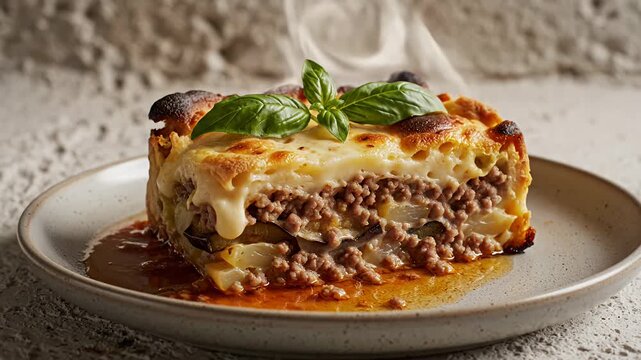 Delicious baked moussaka slice with ground meat and b&eacute;chamel.