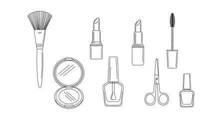 Collection of makeup and beauty products in sketch style.