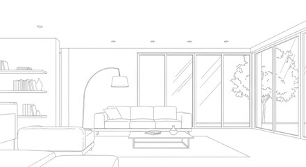 Modern living room interior design sketch with large windows.