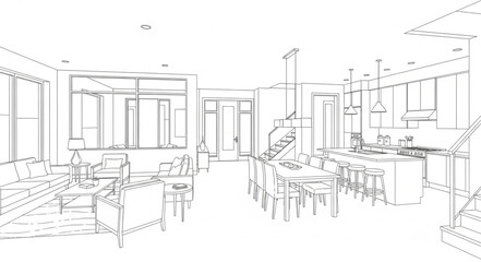 Fototapeta premium Modern interior design sketch of a spacious living area.