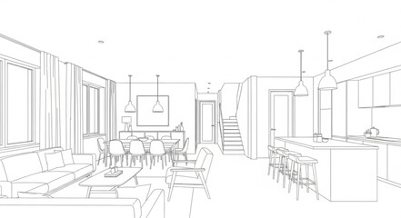 Fototapeta premium Modern Interior Design Sketch of a Living Room and Kitchen.