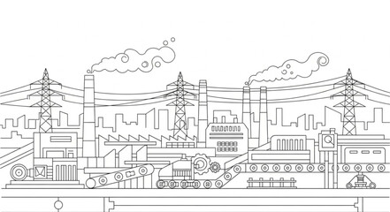 Fototapeta premium Industrial Cityscape Drawing with Factories and Power Lines.