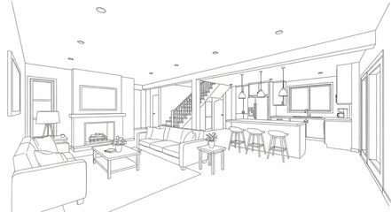 Fototapeta premium Modern Interior Design Sketch of a Spacious Living Room.