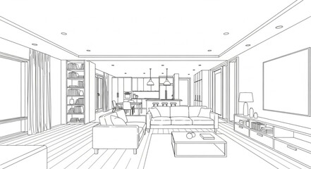 Fototapeta premium Modern open plan living room and kitchen sketch.