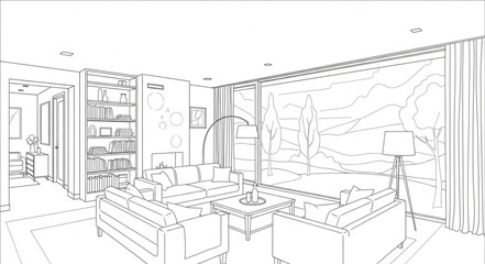 Fototapeta premium Modern Bedroom Interior Design Sketch with Furniture and Decor.