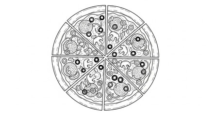 Naklejka premium Whole pizza cut into eight slices with toppings and olives.