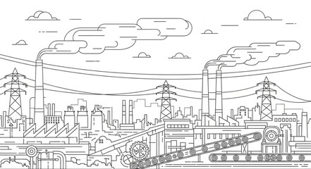 Obraz premium Industrial Cityscape with Smoke Stacks and Power Lines Drawing.