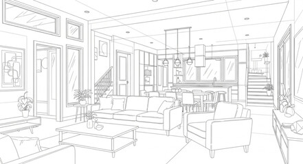 Fototapeta premium Architectural sketch of a modern living room interior design.