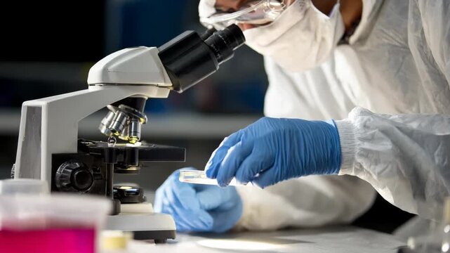 Specialist using a microscope to examine trace evidence in a forensic biology lab highlighting meticulous scientific examination.