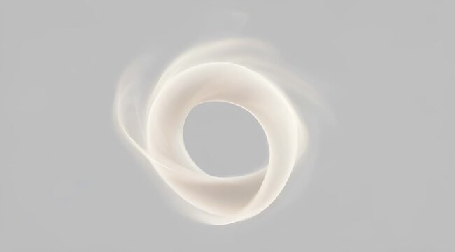 Abstract ethereal swirl of light forming a torus or ring shape on a muted gray background, suggesting movement and energy