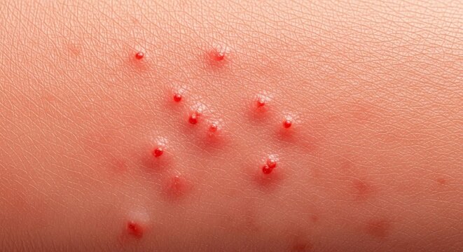 Extreme close up shows inflamed skin surface covered in small, red bumps and irritated pores, indicating a severe case of miliaria or prickly heat rash, sensitivity, dots, moisture