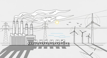 Fototapeta premium Industrial factory with wind turbines and smoke stacks illustration.