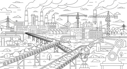 Fototapeta premium Detailed sketch of a busy industrial city with bridges and buildings.