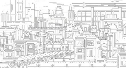 Industrial factory complex with pipes and buildings illustration.