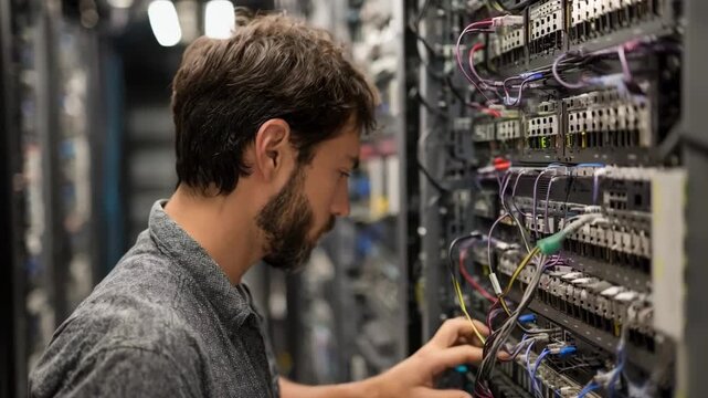 Network professional testing ports on a managed switch rack optimizing network performance and troubleshooting in a secure server room setting.