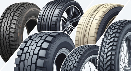 Collection of various car tires and wheels for automotive. © Miftahul