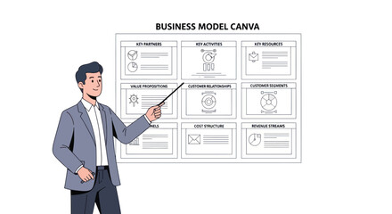 Fototapeta premium Businessman presenting business model canvas diagram.