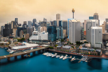 Obraz premium Sydney downtown skyline with modern skyscrapers over Darling Harbour in Australia.