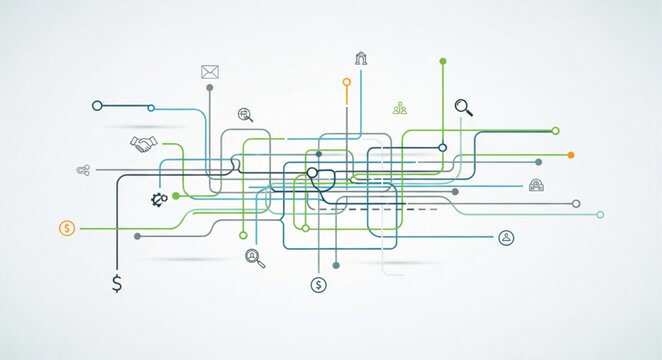 Abstract network of lines and symbols representing data flow.