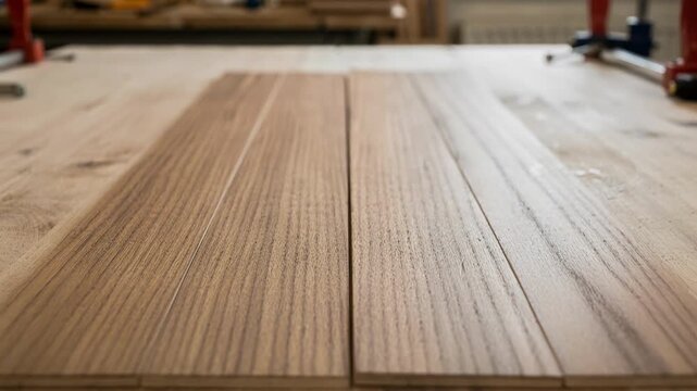Medium shot showing slipmatched veneer strips joined side by side highlighting the linear repetitive wood grain pattern in the assembly stage.