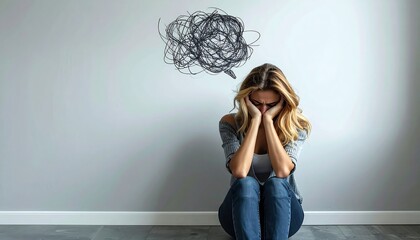 Woman covering face while seated on floor beneath tangled thought cloud showing anxiety depression concept