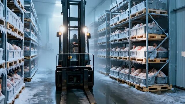 Medium shot of industrial cold storage with foggy air surrounding racks of frozen poultry boxes on stacked pallets a forklift maneuvering through the chilled environment.