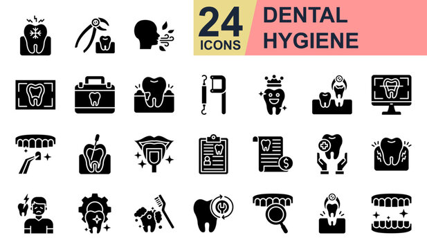 Dental Hygiene Icons set vector illustration. Containing Gum Disease, Healthy Tooth, Dental Surgery, Root Canal, Toothache and more. Simple glyph icons collection.