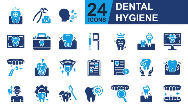 Dental Hygiene Icons set vector illustration. Containing Gum Disease, Healthy Tooth, Dental Surgery, Root Canal, Toothache and more. Simple solid icons collection.