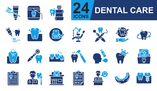 Dental Care Icons set vector illustration. Containing Tooth Brush, Dental Floss, Mouthwash, Dental Hygiene, Mouth Guard and more. Simple solid icons collection.