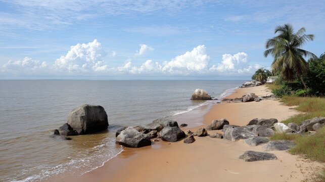 Sandy coastline with large rocks meets calm ocean under a bright sky.