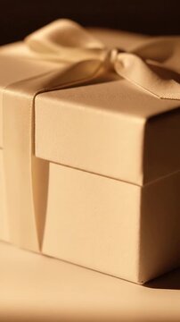 A luxurious gift box elegantly wrapped with a satin ribbon on a beige surface viewed from a close-up angle