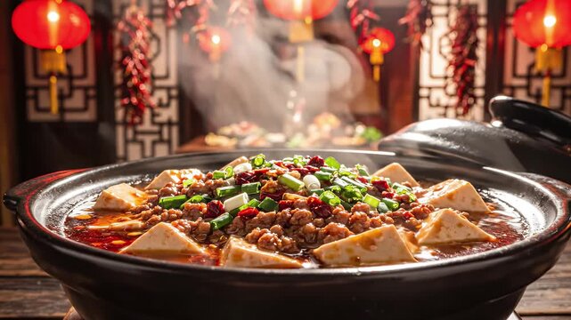 Traditional Mapo Tofu steaming in a black clay pot inside an authentic Chinese restaurant with red lanterns. Spicy Sichuan cuisine with soft tofu cubes and minced meat concept footage background.