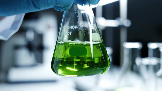 Scientist Holding Flask with Green Liquid in Lab