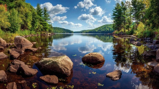 Serene lake with rocky shore reflects lush green trees and blue sky.