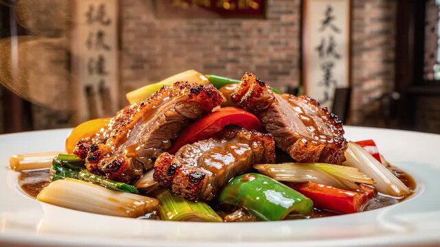 Traditional Chinese twice-cooked pork belly with leeks and red peppers served on a white plate. Savory authentic oriental gastronomy and culinary footage concept background for restaurant menu.