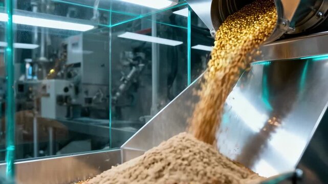 Medium shot capturing the isolation of bran and germ layers using pneumatic classifiers highlighting the swirling motion of particles under air pressure in a modern milling setup.