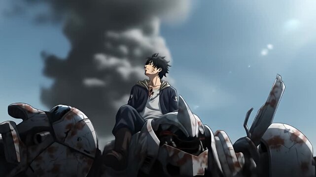 Animated man sits atop damaged mech amid clouds and blue sky, gazing upwards in thought