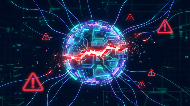 cybersecurity data breach with glowing cracked digital sphere and red warning icons representing system failure network attack and global information technology security vulnerability in dark space