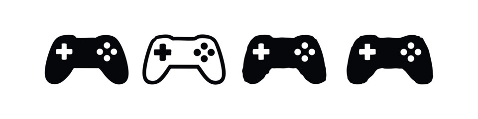 Collection of four minimalist video game controller icons in various styles on a white background.