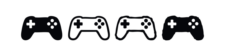 Four stylized video game controller icons, showcasing solid and hand-drawn outline variations on white. © liubomir118809