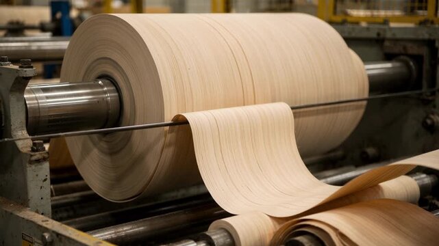 Medium shot of thin veneer peeling on rotary machine capturing delicate continuous sheets spinning against a sharp blade for fine wood finishing processes.
