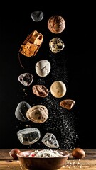 Stones and minerals falling into a bowl