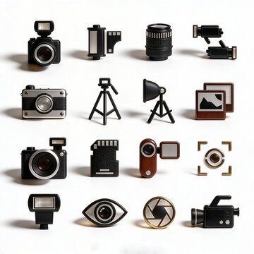collection of 3D camera and photography icons isolated on white background