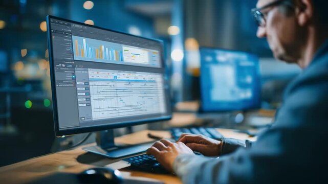 Dynamic medium shot of a technician interacting with AIbased maintenance software on a desktop demonstrating seamless integration of automated alerts for hardware management.