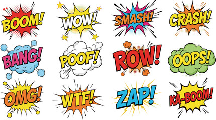 Comic sound effects collection, pop art speech bubbles vector illustration with boom smash wow crash text set © Mst