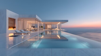 Fototapeta premium A luxurious modern villa with an infinity pool reflects the tranquil sunset over the ocean, promising an idyllic getaway experience for residents.