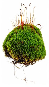 Moss clump with sporophytes, isolated on white