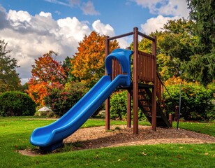 Blue slide on playground, autumn trees, bright day