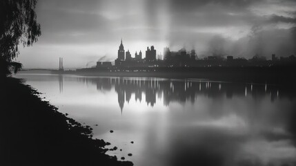 Industrial cityscape reflected in a calm river at dawn.
