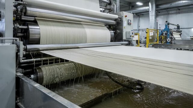 Medium shot of industrial twinwire press efficiently extracting water from pulp showcasing the mechanical pressing action and thickening process before board production.
